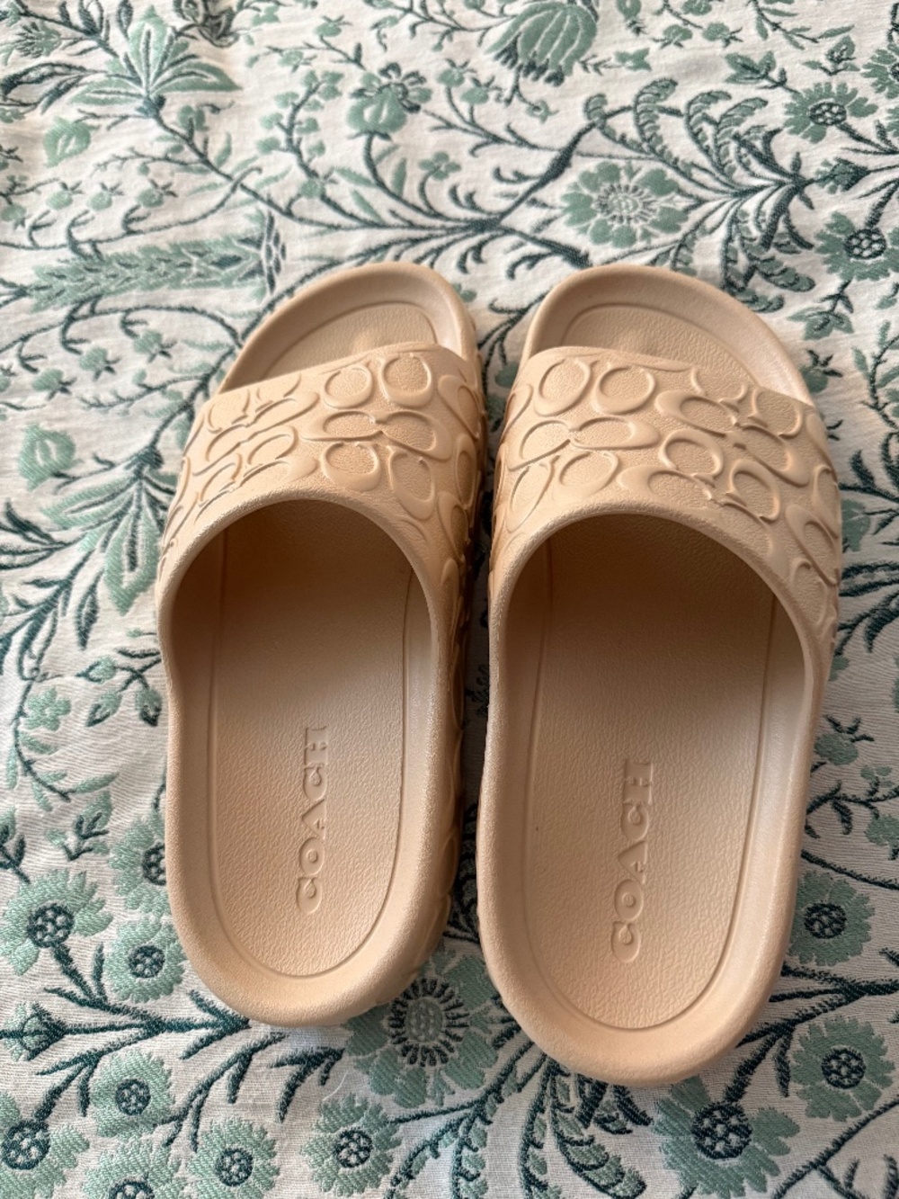 Coach Women's Beige Embossed Logo Slide Sandals